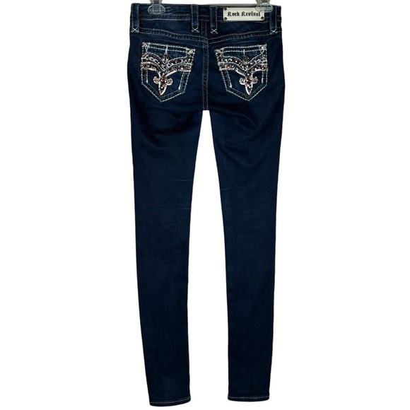 New Rock Revival Bling Jean Size 24 Mid Rise Skinny Stretch Nicci Dark Wash Read - Picture 3 of 14